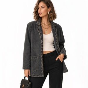 Boho Lace-Up Denim Jacket Western Prairie Y2K Gray Oversized L